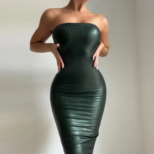 Green Sexy Night Club Wear Faux Leather Club Dress For Women PQ9637B