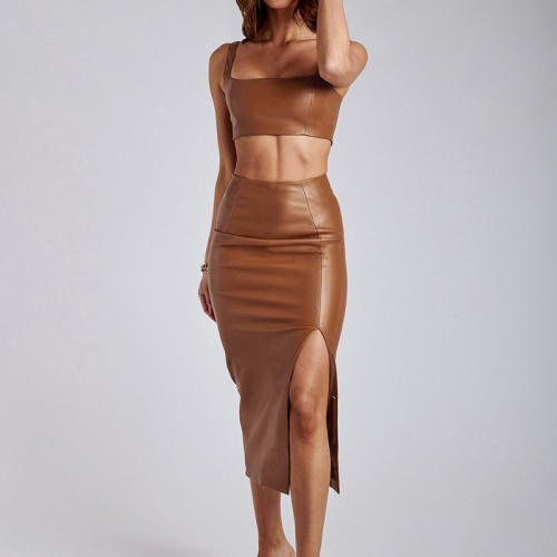 Brown Faux Leather Two Pieces Dress For Women Sexy Night Clubwear PQ6308B