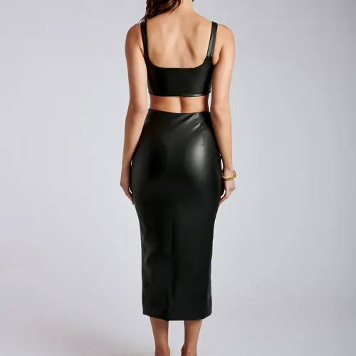 Black Faux Leather Two Pieces Dress For Women Sexy Night Clubwear PQ6308A