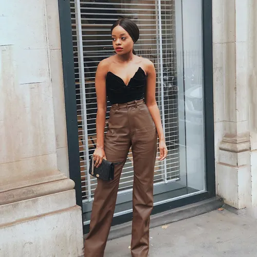 Brown Sexy High Waist PU Trousers Faux Leather Pants Women PQ9653B