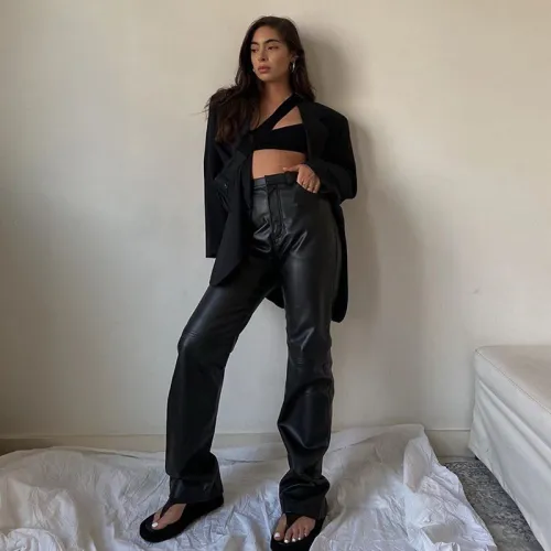 Black Sexy High Waist PU Trousers Faux Leather Pants Women PQ9653A