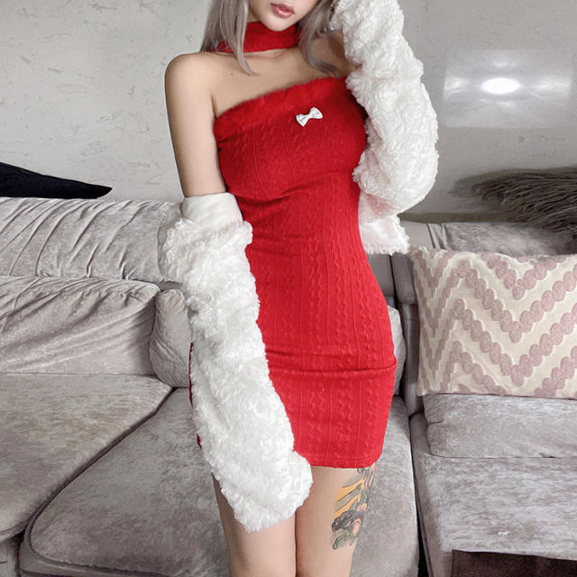Red Velvet Christmas Dress Women Off Shoulder Xmas Night Clubwear PQ8346A