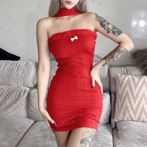 Red Velvet Christmas Dress Women Off Shoulder Xmas Night Clubwear PQ8346A