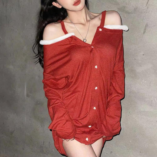 Red Velvet Christmas Shirt Dress Women Xmas Night Clubwear PQ7979