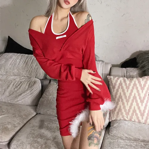 Red Christmas Tops With Skirt Women Xmas Velvet Two Pieces Dresses PQ8683A