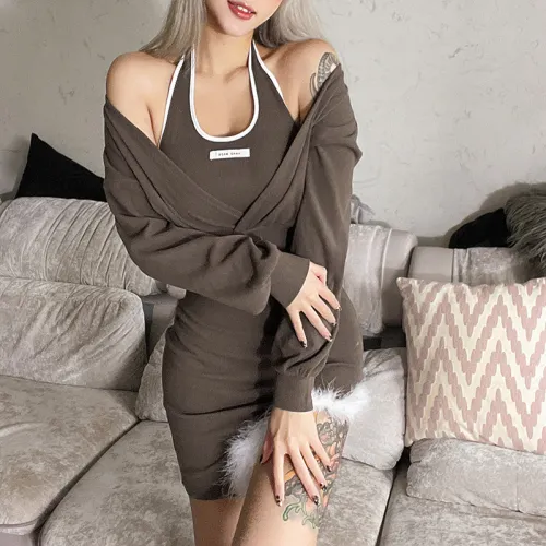 Brown Christmas Tops With Skirt Women Xmas Velvet Two Pieces Dresses PQ8683B