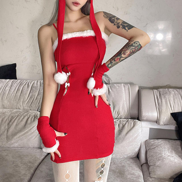 Red Velvet Christmas Mini Dress with Hat Women Xmas Night Clubwear PQ8016