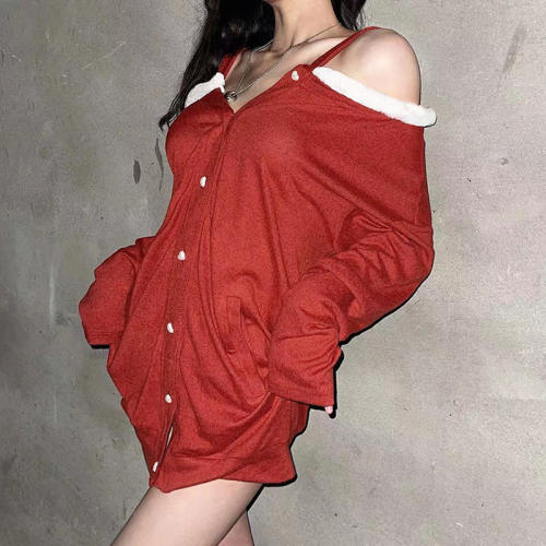 Red Velvet Christmas Shirt Dress Women Xmas Night Clubwear PQ7979