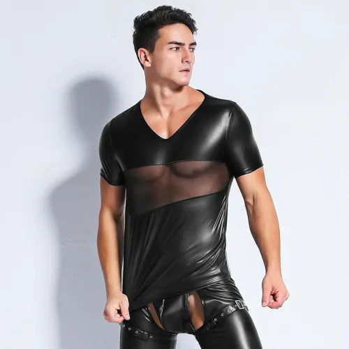 Sexy PVC Vest Mesh Club Wear For Men Faux Leather Tops PQ6738