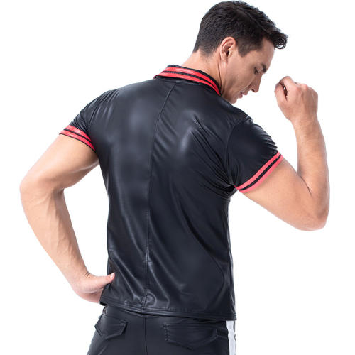 PVC Polo Shirts For Men Faux Leather Tops Night Club Wear PQ6030