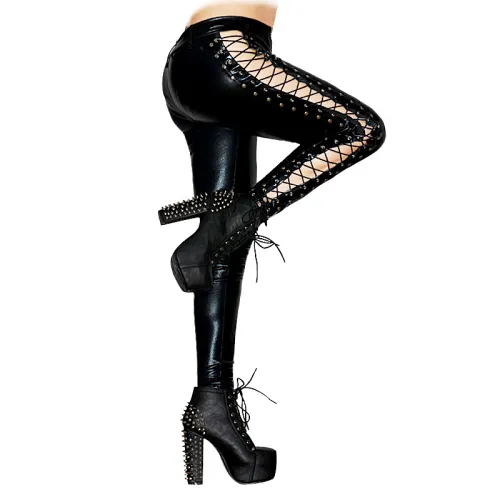 Sexy High Waist Leather Trousers Lace-up PU Pants Women PQ6609