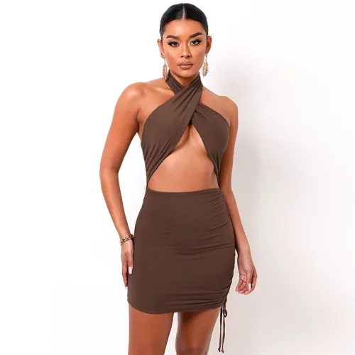 Coffee Sexy Halter Mini Dresses Women Fashion Club Dress PQ1251B