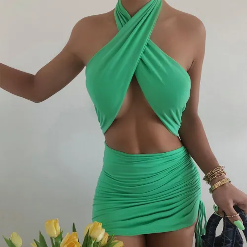 Green Sexy Halter Mini Dresses Women Fashion Club Dress PQ1251D