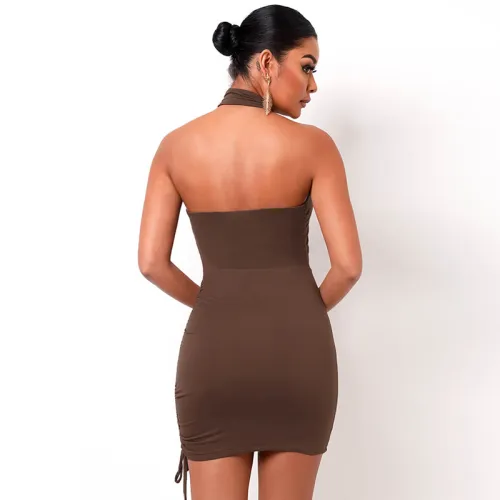Coffee Sexy Halter Mini Dresses Women Fashion Club Dress PQ1251B
