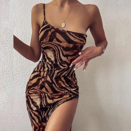 Leopard One Shoulder Sexy Dresses Women Fashion Club Dress PQ7482