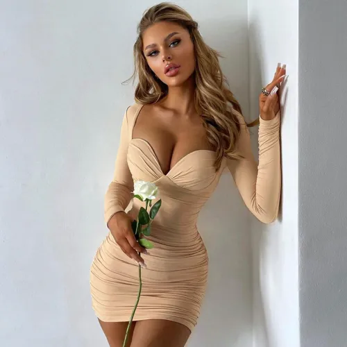 Khaki Fashion Club Dress Sexy Long Sleeve Mini Dresses Women PQ04928B