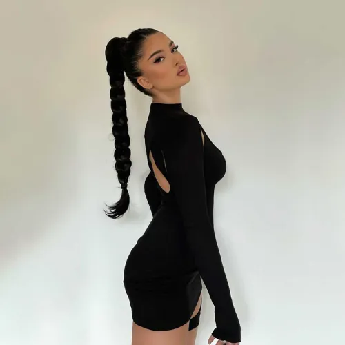 Black Sexy Long Sleeve Mini Dress Women Hollow Club Dresses PQ1512
