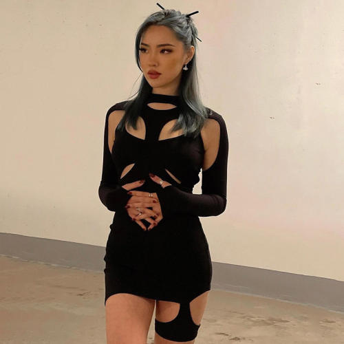 Black Sexy Long Sleeve Mini Dress Women Hollow Club Dresses PQ1512