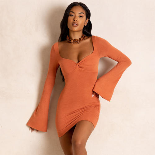 Orange Sexy Long Sleeve Bodycon Dresses Women Club Dress PQ4618B