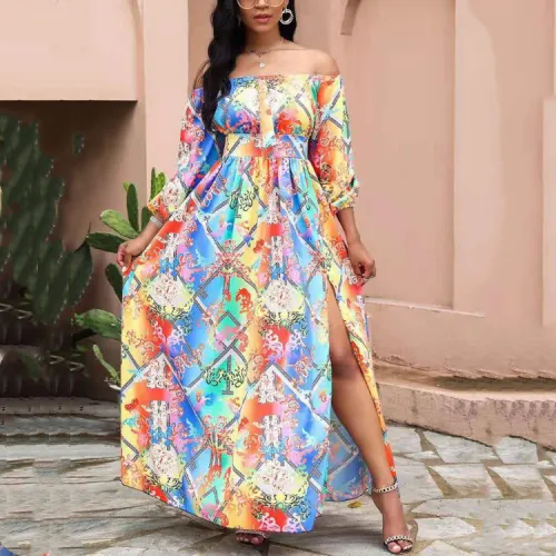 Blue Ethnic Print Bohemia Dress Summer Maxi Dresses Women PQ88D