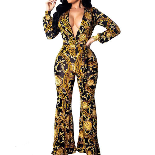 Sexy Ethnic Print Jumpsuit for Women Deep V-neck Night Clubwear PQ9928