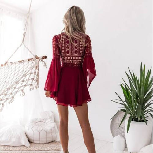 Red Long Mesh Sleeve Mini Dress Women Lace-up Club Dresses PQ7740B