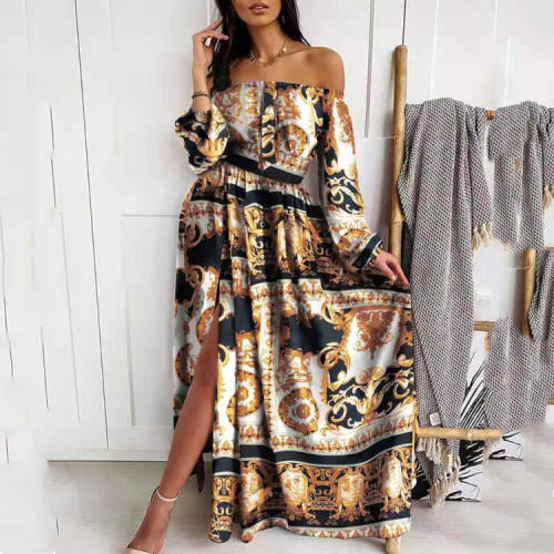 Black Ethnic Print Bohemia Dress Summer Maxi Dresses Women PQ88A