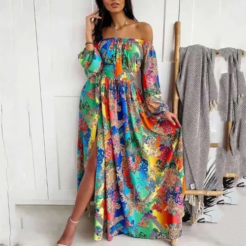 Green Ethnic Print Bohemia Dress Summer Maxi Dresses Women PQ88B