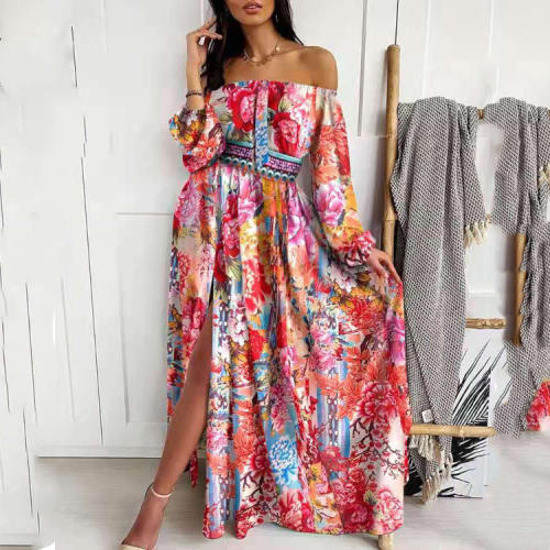 Blue Ethnic Print Bohemia Dress Summer Maxi Dresses Women PQ88D