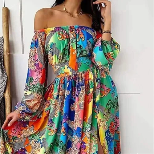 Green Ethnic Print Bohemia Dress Summer Maxi Dresses Women PQ88B