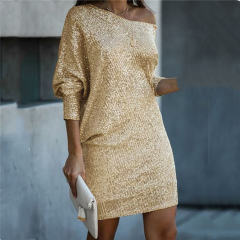 Gold Sequin Sexy Dresses For Women Long Sleeve Mini Dress PQF70C
