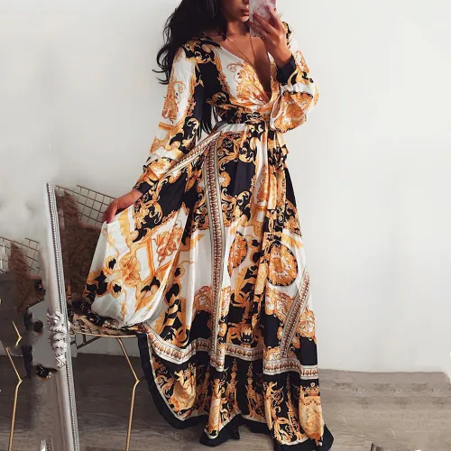Summer Maxi Dresses Women African Ethnic Print Bohemia Dress PQ8586