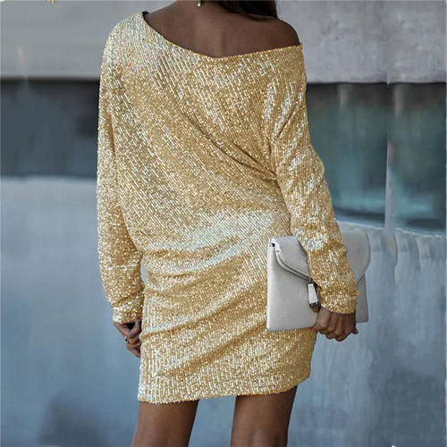 Gold Sequin Sexy Dresses For Women Long Sleeve Mini Dress PQF70C