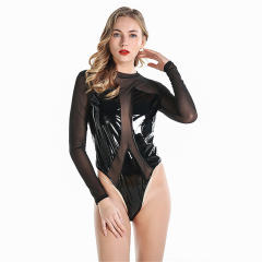 Shiny Wetlook PVC Bodysuit For Women Faux Leather Teddies Lingerie PQ2017