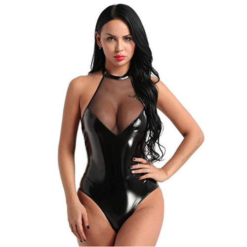 Wetlook Leather Teddies Lingerie Halter PVC Bodysuit For Women PQ2159