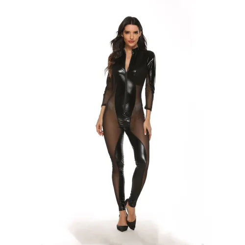 Faux Leather Catsuit Women Mesh Patchwork PVC Jumpsuit PQ2125