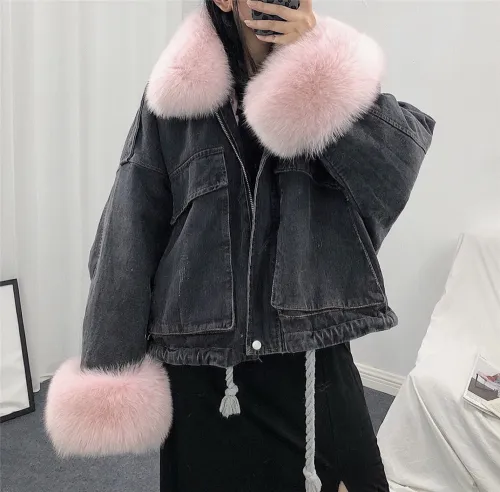 Black Fashion Winter Fur Jeans Jackets Denim Coat for Women PQW003B