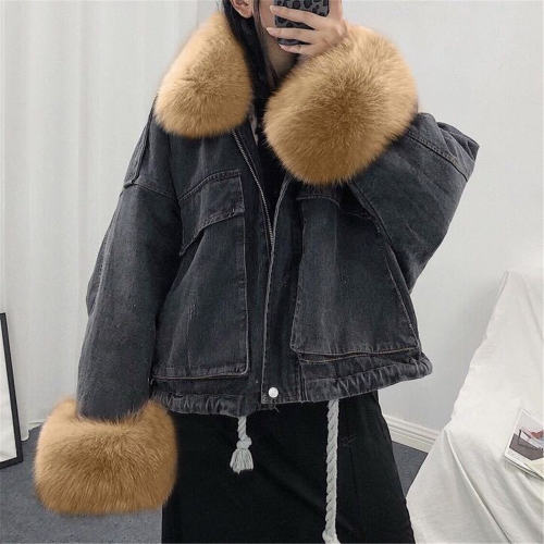 Black Fashion Winter Fur Jeans Jackets Denim Coat for Women PQW003B