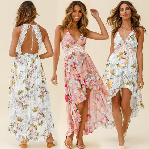 White Floral Print Boho Dress Summer Maxi Dresses Women PQLQ261A