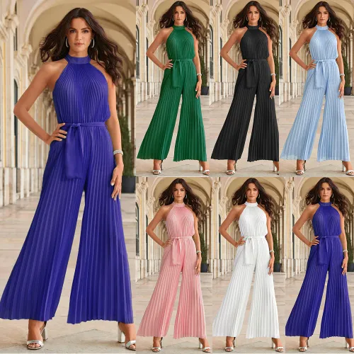 Blue Wide Leg Pants High Waist Pleated Jumpsuit Women PQLQ268B