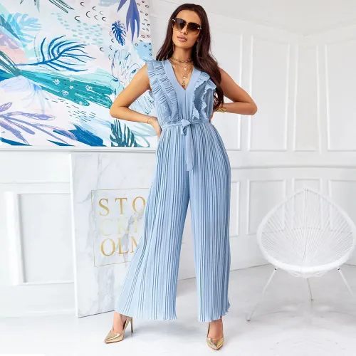 Light Blue High Waist Pleated Jumpsuit Women Wide Leg Pants PQLQ281A