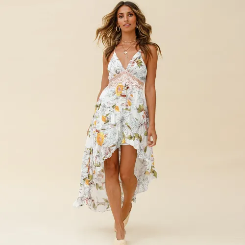 White Floral Print Boho Dress Summer Maxi Dresses Women PQLQ261A