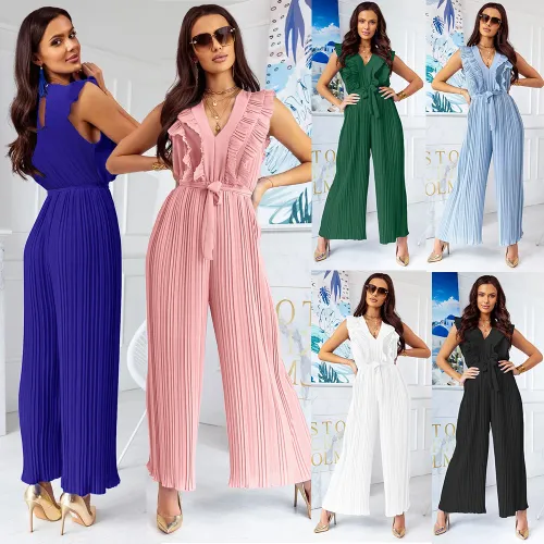 Dark Blue High Waist Pleated Jumpsuit Women Wide Leg Pants PQLQ281C
