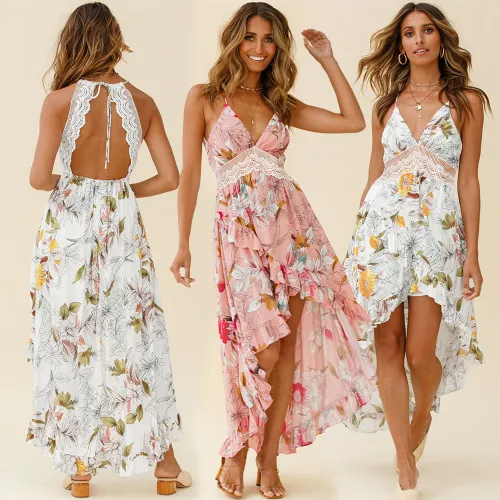 Pink Floral Print Boho Dress Summer Maxi Dresses Women PQLQ261B