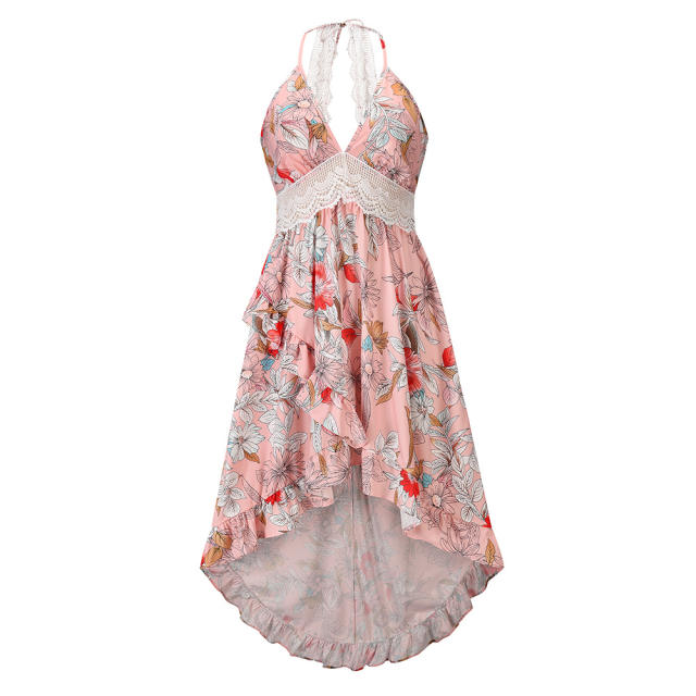 Pink Floral Print Boho Dress Summer Maxi Dresses Women PQLQ261B