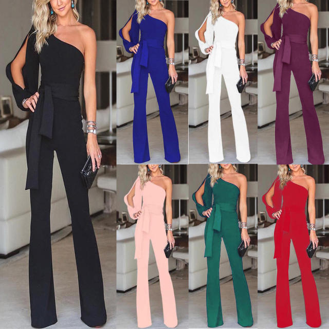 Solid Color One Shoulder Jumpsuit  High Waist Pants Women PQ8604