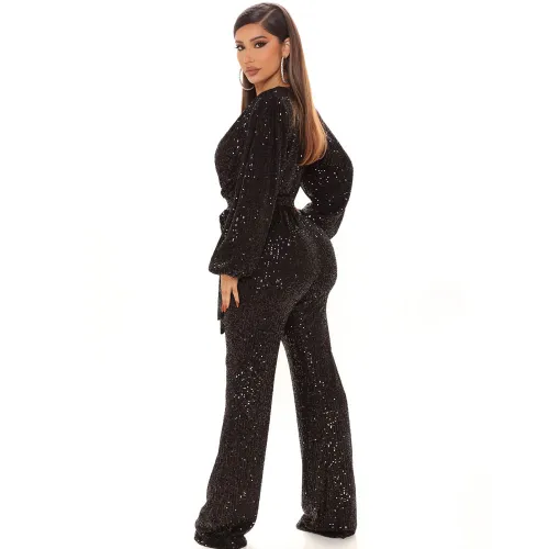 Black Sequin Jumpsuit High Waist Skinny Pants Women PQ8794A