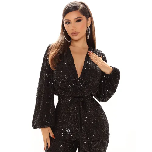 Black Sequin Jumpsuit High Waist Skinny Pants Women PQ8794A
