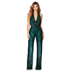 Sexy Sequin Jumpsuit High Waist V-neck Rompers Women PQ9104