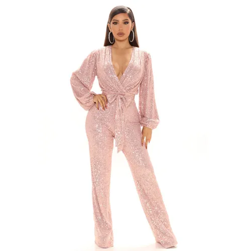 Pink Sequin Jumpsuit High Waist Skinny Pants Women PQ8794C